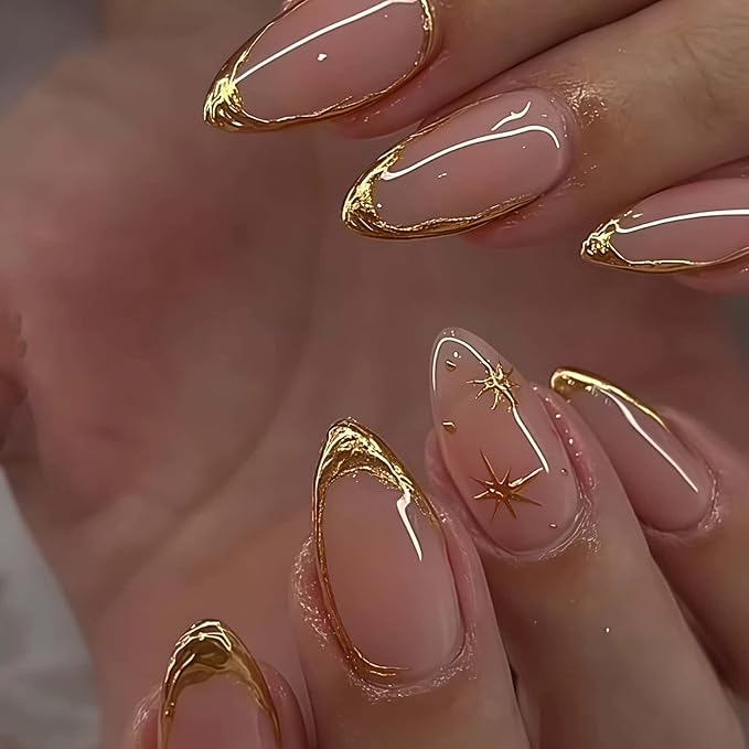 French Tips Press on Nails Almond Fake Nails with Gold Line Design Glue on Nails Removable Acrylic Nails Glossy Full Cover Stick on Nails for Women 24 Pcs