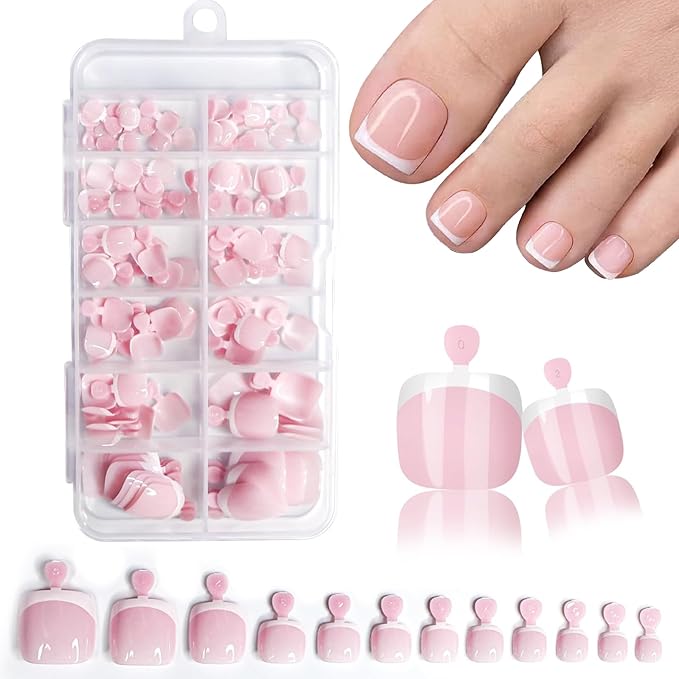 120Pcs French Tip Press on Toe Nails Short Square Fake Toenails Nude Nature Acrylic Toe Nails Glossy Artificial Glue on Nails for Women Girls Manicure Nails Decoration