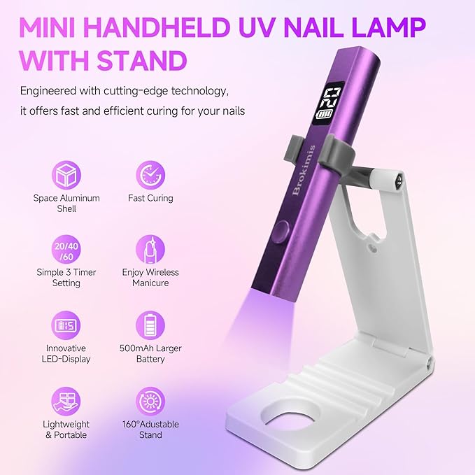 Handheld UV Light for Gel Nails with Stand, Mini Nail Lamp with LCD Display 3-Timer Modes Portable Cordless Rechargeable USB Small Nail Dryer for Fast Curing Home DIY Manicure Nail Art