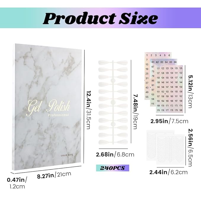 160 Nail Color Book with 240 Flase Tips & 1-200 Number Sticker Labels, Professional Nail Color Chart Display Book Sample for Nail-Gel-Polish