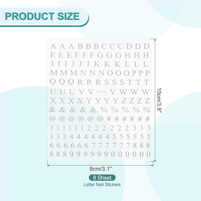 PATIKIL Letter Nail Stickers, 8 Sheet 3D Self-Adhesive English Letter Nail Decal Small Alphabet Art Sticker Metallic Fluorescence Design Manicure for Women DIY Decor, Silver