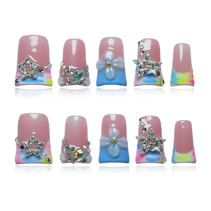 Press on Nails Duck Shape 3D Floral Metallic Star Design Luxury Thick Acrylic Fake Nails Rhinestones Petal Flower French Tip Blue False Nails (Pastel Pink-Blue Stellar,S)