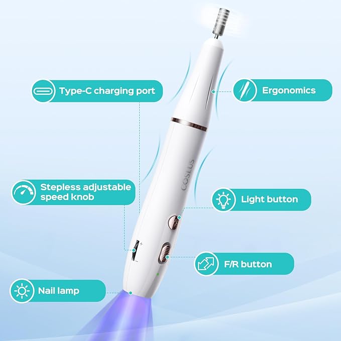 COSLUS Cordless Nail Drill Electric C41(END04): 2-in-1 Nail File with Flash Cure for Acrylic Gel Dip Powder Nails, Stepless Control for Beginner Home DIY, Portable & Professional Pedicure Kit