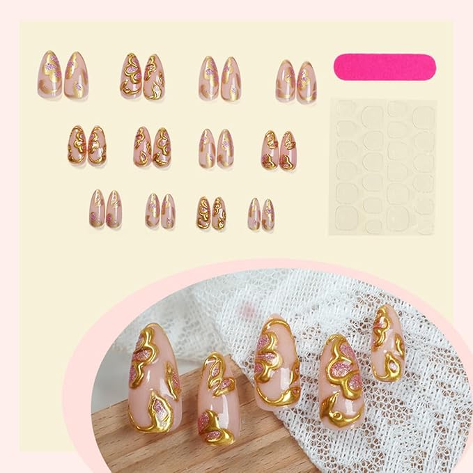 Gold Press on Nails Flower Fake Nails Medium Almond False Nails Press ons with Gold Floral Design,Reusable Artificial Nails Glossy Full Cover Stick on Nails for Women Manicure 24 Pcs