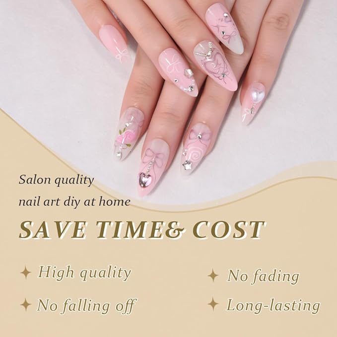 evpct Spring & Summer Press on Nails Medium Almond, Warm Pink Fake Nails Press ons with 3D Flower Design, Light Weight Perfectly Fit Fake Nails for Women Gift, Fake Nail Kit with Kits Gel, 24Pcs