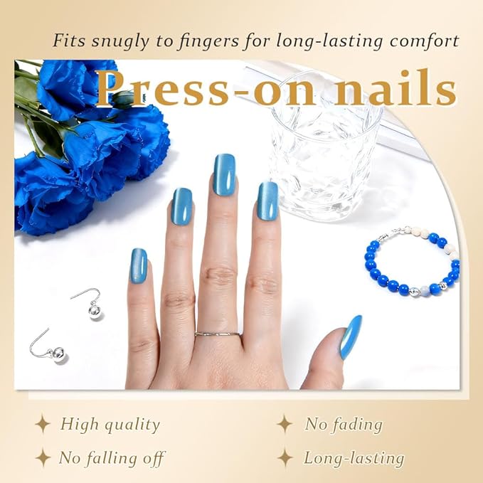 Cat Eye Aqua Blue Press On Nails Medium Long Length Square, Designer Reusable Acrylic Fake Nail with Glue, Glossy Gel Nails Wedding Party, Stick On Glue On Nail, Nails Press Ons for Women