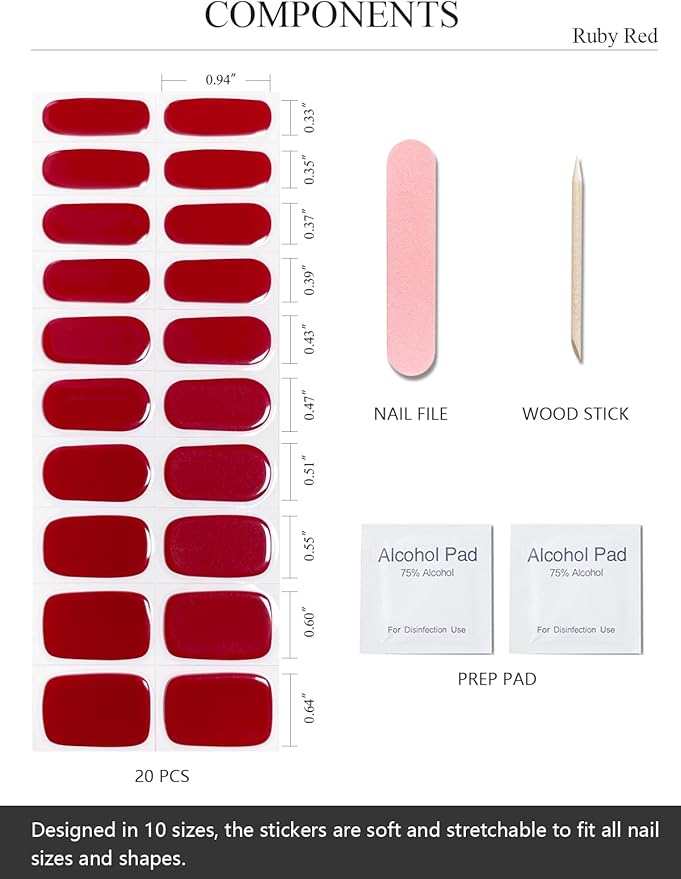 Semi Cured Gel Nail Strips (Ruby Red), 20 Pcs Gel Nail Wraps, Stickers, UV Light Required, Salon Quality, Long Lasting