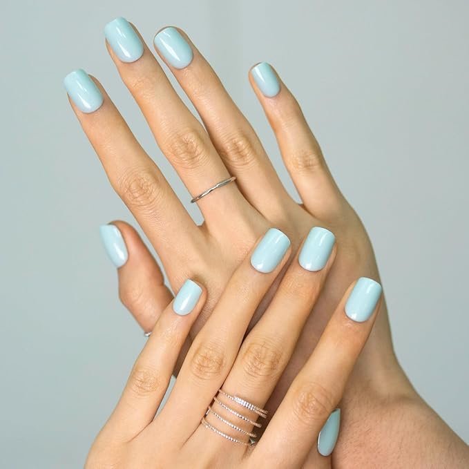 LAMIMOSA 32Pcs Press On Nails Short Square - Pastel Blue Nail Kit, Soft Gel Fake Nails in 16 Sizes, Reusable Glue on Nails, TURQUOISE