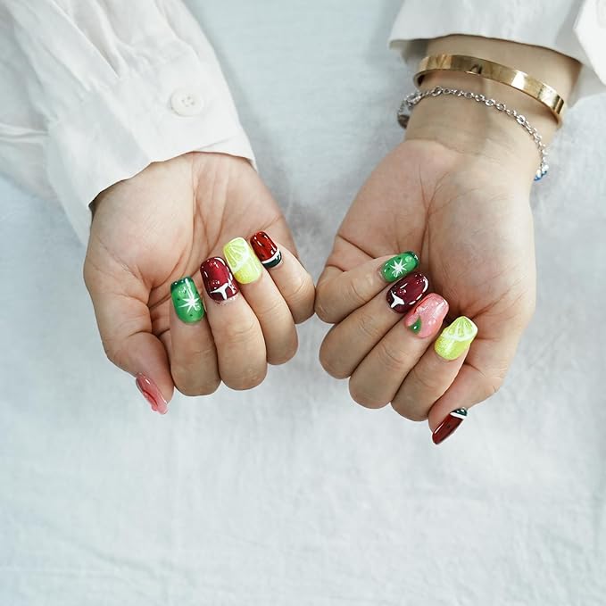 Glitter Press on Nails Short Coffin Summer Fruit Nails Cateyes with 3D Water Drop, Hand-painted Watermelon & Lemon Art, Reusable Acrylic Full Cover Fake Nails, 10pcs (Fruit Party,S)