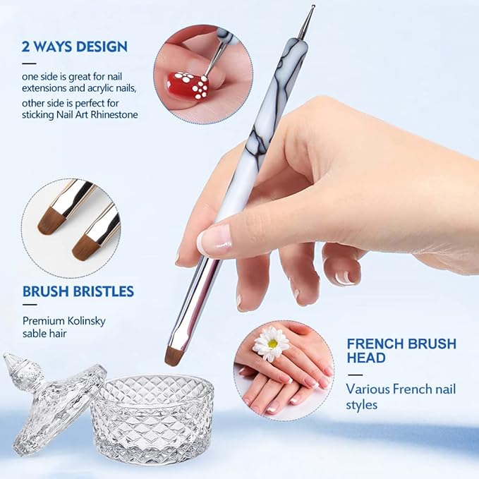 French Manicure Brush Set with Dotting Tools, Double-Ended Nail Art Brushes for Gel & Acrylic, Precision Clean Up & Detail Design, 4 Sizes (#10#12#14#16), NB128-White