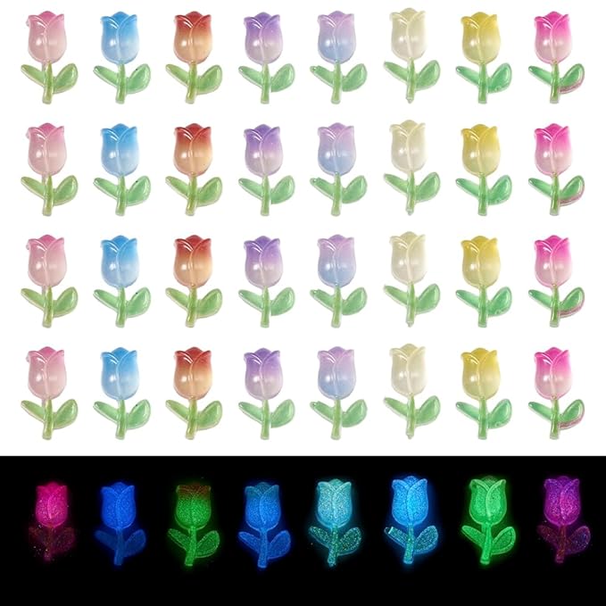 160Pcs Glow in The Dark Tulip Nail Charms Luminous Tulip Flower Nail Art Charms 3D Flower Nail Art Decoration for Manicure