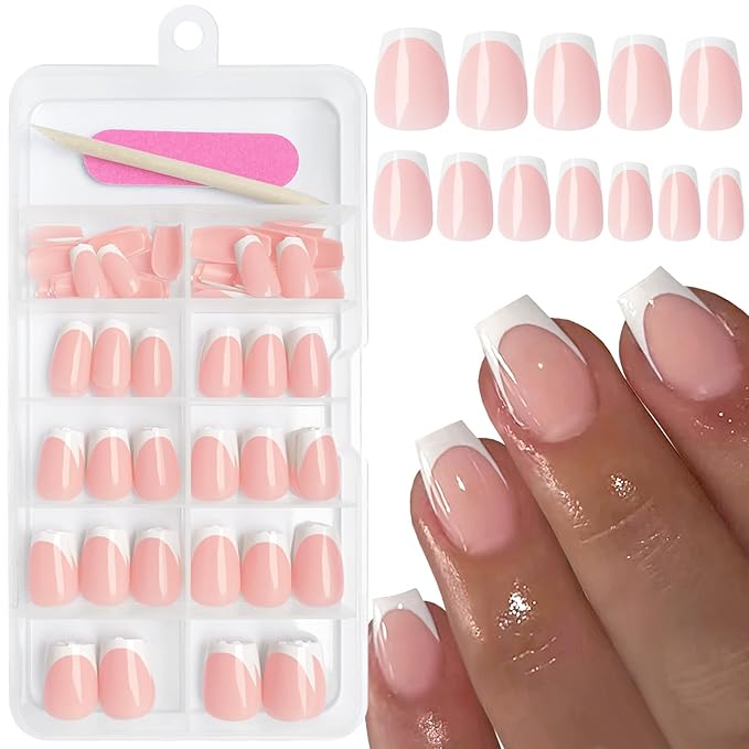 AddFavor French Press on Nails Short Coffin Fake Nails, 120pcs French Tip Press on Nails Short Ballerina Acrylic Gel Glossy Nude Nails Press on Artificial False Nail for Women Girls
