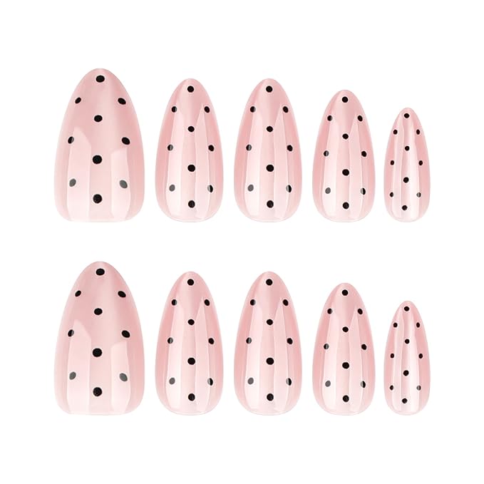 Pink Nude Cat Eye Polka Press On Nails Medium Almond, Salon-Quality Acrylic Fake Nails, Stylish Design, Reusable Stick-Ons, Spring Summer DIY Nail Art Kit for Women | Daily/Party Gift 24 Pcs