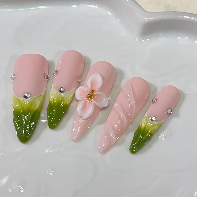 Almond Press on Nails Long Handmade Nails with Glue,Green French False Nails with Luxury Rhinestone 5D Flower Art Design Pink Nail Press ons Muti-Layer Gel Handmade False Nails for Women (Size S)