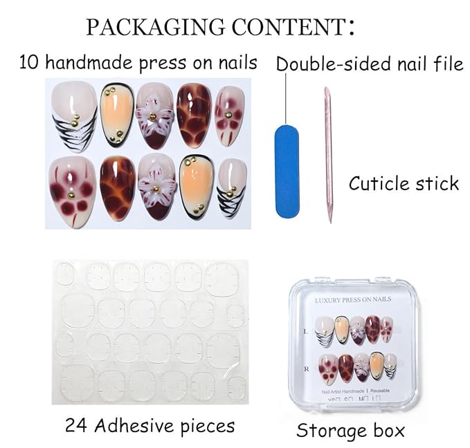 10Pcs Short Almond Handmade Press On Nails | Nude Pink & Brown Ombre with Tortoiseshell Print, 3D Floral & Gold Bead Decor | Reusable Salon-Quality Fake Nails for Women and Girls(251212, S)