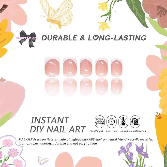 Press on Nails Short Square MABKJLF White French Tip Fake Nails False Nails with Designs Glitter Full Cover Glossy Glue on Nails Stick on Nails Acrylic Nails for Women Girls 24 Pcs