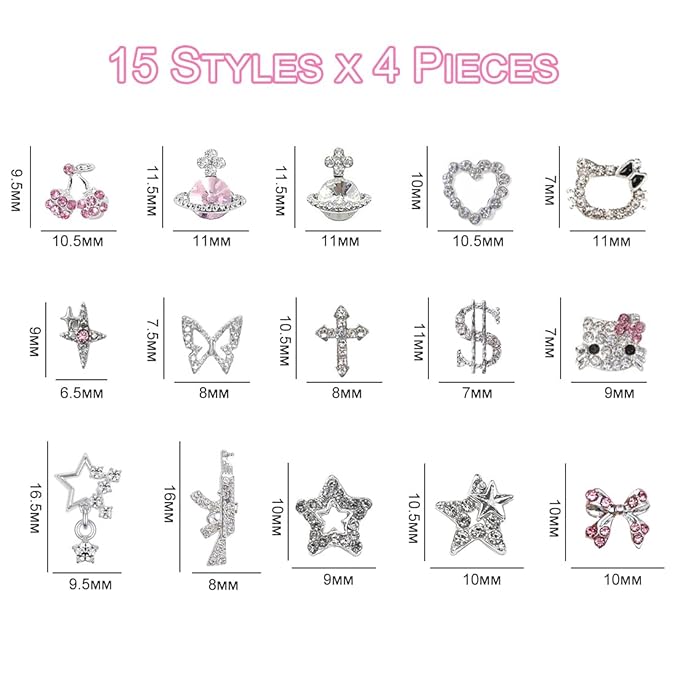 60Pcs Nail Charms Rhinestones Gems Kitty Heart Star Gun Planet Cross Jewelry for Acrylic Nails Accessories Women Nail Decorations Manicure Craft DIY Nail Art Supplies