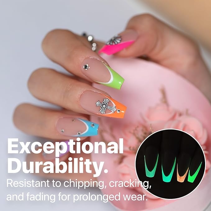 SXC Cosmetics X-Pro Tips French Tip Press On Nails - Bright Pastel Glow in the Dark Series (GLOW120KIT-M Coffin)
