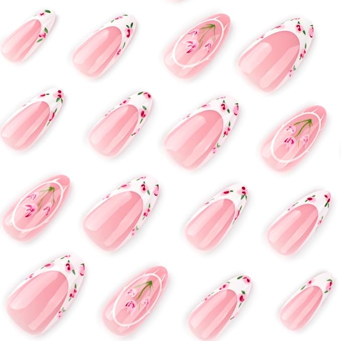 Flower French Tip Press on Nails Medium Almond Fake Nails Spring Summer Nails Press ons with Tulip Floral Design,Reusable & Easy Apply Full Cover Stick on Nails for Women Manicure 24Pcs