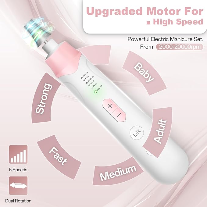 Electric Nail File Drill, Cordless 2000 mAh Rechargeable Nail Filer Electric, Portable Nail Dril Machine Drill for Nails Acrylic Manicure and Thick Toenails Buffer Grinder Care Professional (Pink)