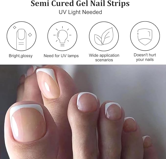 26 Pcs Semi Cured Gel Toe Nail Strips White French Tip Gel Nail Stickers Full Cover Nails Wraps Nude French Toe Nails Polish Strips Stickers for Women UV/LED Light Required