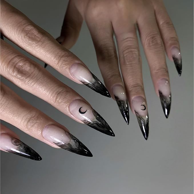 Halloween Nails - Gothic French Reusable Stiletto Press On Nails with Design, Glossy Acrylic Finish - Dark Witch Color, Full Coverage for Women and Girls