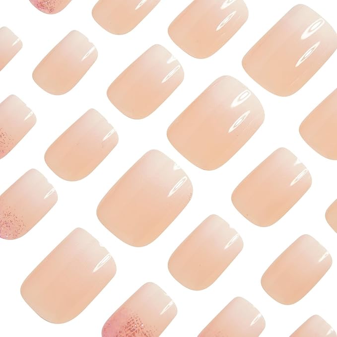 Ombre Press on Nails Short Square MABKJLF Nude Pink Fake Nails False Nails with Designs Pink Glitter Gradient Natural Nails Full Cover Glossy Glue on Nails Stick on Nails for Women Girls 24 Pcs