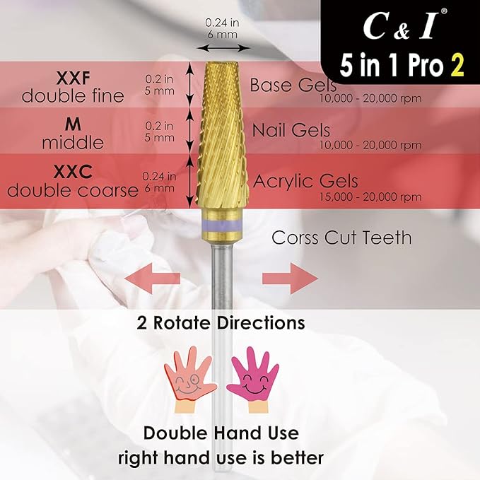 C & I 5 in 1 Nail Drill Bit, Mixed Sizes Edition, Cross Teeth, 2 Way, Professional Multi-function Nail Drills for Electric Manicure Drill Machine, Shank 3/32” (Pro2)