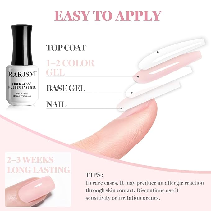 RARJSM Nude Soft Pink Fiber Glass Rubber Base Gel Nail Polish for Repair Broken Nails StrengthenerGel Base Coat Transparent Brush on Building Gel in a Bottle Soak Off UV LED Curing Requires 15ml