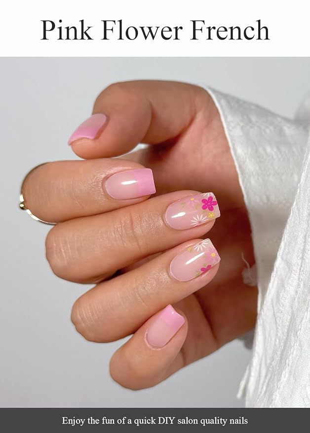 Semi Cured Gel Nail Strips (Pink Flower French), Summer, 20 Pcs Gel Nail Wraps, Stickers, UV Light Required, Salon Quality, Long Lasting