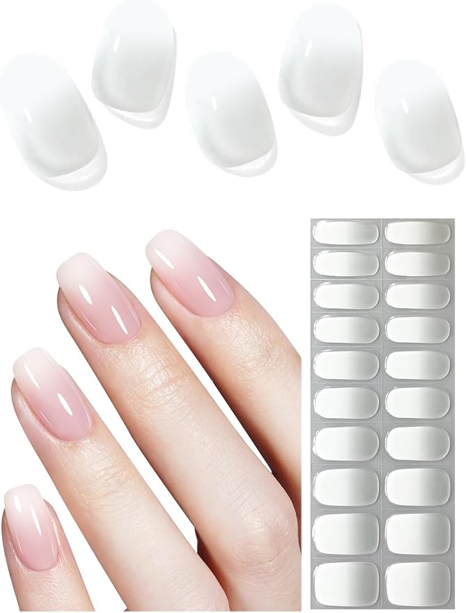 UV Gel Nail Stickers, Milky Ombre 20pcs Semi Cured Gel Nail Strips, Wraps for Home Manicure DIY
