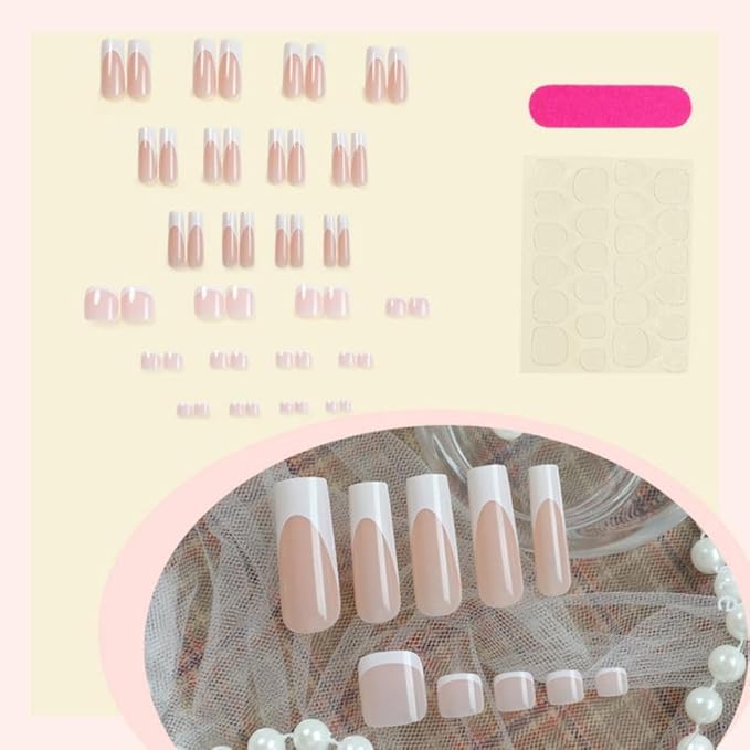 48Pcs White French Tips Press on Nails Nude Pink Press on Toenails Medium Long Square Glue on Nails with Designs Full Cover Skintones False Nails Glossy Summer Fake Toenails for Women DIY Manicure