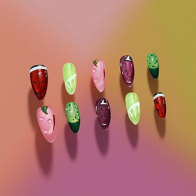 Cat Eye Press on Nails Medium Almond - Summer Fruit Design with Hand-painted Watermelon Lemon & 3D Water Drop Cute Edgy Style, Thick Acrylic and Muti-Layer Gel False Nails(Fruit Party,S)
