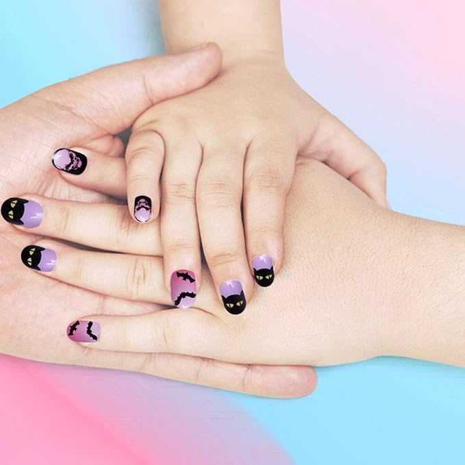 Allstarry Kids Halloween Nails, 120pcs 5pack Children Press on Nails Pre-glue Full Cover Glitter Gradient Color Rainbow Short False Nail Kits Halloween Gifts for Kids Little Girls Nail Art Decoration