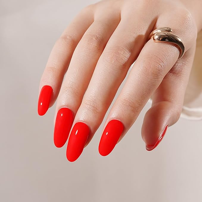 Semi Cured Gel Nail Strips - 20Pcs Classic Red UV Gel Nail Wraps with Solid Red Design, Long Lasting Salon-Quality Stickers, Includes Nails File & Wooden Stick - UV/LED Lamp Required