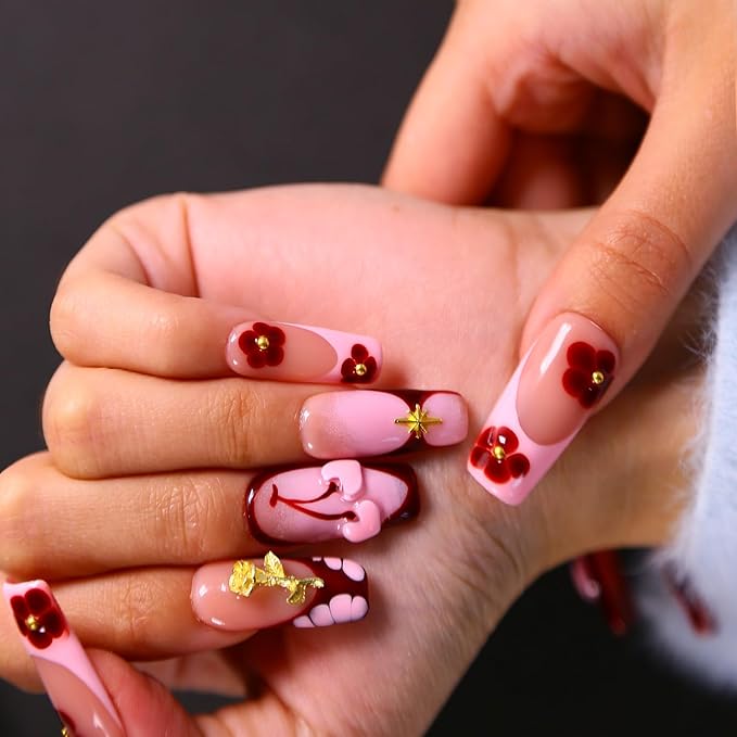 10Pcs Press On Nails Square Shape Hnadmade Fake Nails, Pink French Love Acrylic Nails, Reusable Artificial Gold Plated Decoration Square False Nails for Women (Size L)