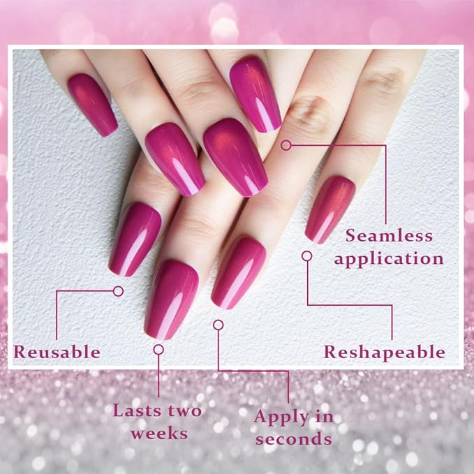 evpct Purple Red Cat Eye Coffin Press on Nails Square Medium, Medium Square Stick on Nail for Women, Purple Red Metallic Glitter Glossy Reusable Summer Soft Gel Press on Acrylic Fake Nail with Designs