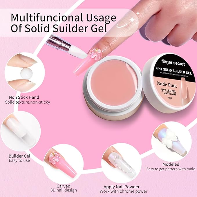 Clear Solid Builder Gel Set, Nail Extension Gel with Nail Art Tools, DIY Non Stick to Hand for Long Lasting Manicures Poly Gels
