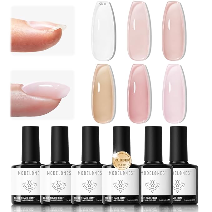 modelones Rubber Base Builder Nail Gel Polish, 6 Color Clear Nude Milky Baby Pink Jelly Brown 6 in One Strengthener Apex Building Extension for Weak Nails Long Last U V French Manicure Gift for Women