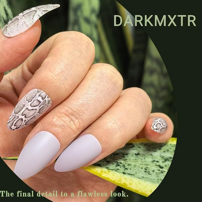 Matte Gray Snake Print Press on Nails, 24Pcs Stiletto Fake Nails with Adhesive Tabs, Animal Pattern False Nails for Women, Reusable Long Fake Nails for DIY Manicure