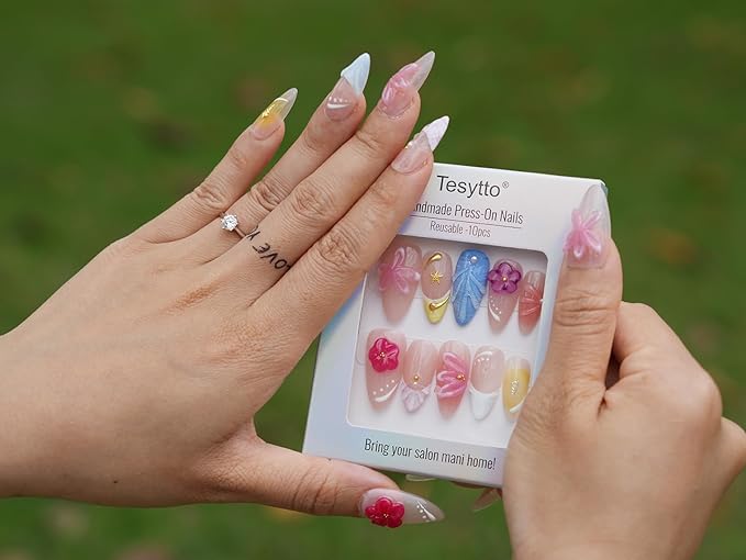 Handmade Press on Nails 3D Floral Carved Medium Almond Fake Nails French Tips, Multi-Layer Gel Acrylic Nails for Women Nail Art (Sheer Floral Glow,M)
