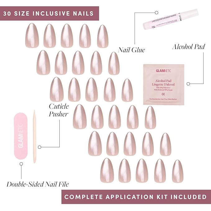 Glamnetic Press On Nails - The Vow | Short Almond Fake Nails, Nude with a Glossy, Velvet Finish, Salon Quality | 15 Sizes - 30 Nail Kit with Glue