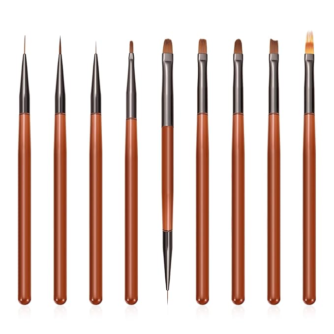 9Pcs Nail Art Brush Set, Builder Painting Design Detail Drawing Brushes Dotting Pen Double-Ended French Liner For Gel Polish Manicure Tools Acrylic Home DIY Salon Use Women, Brown