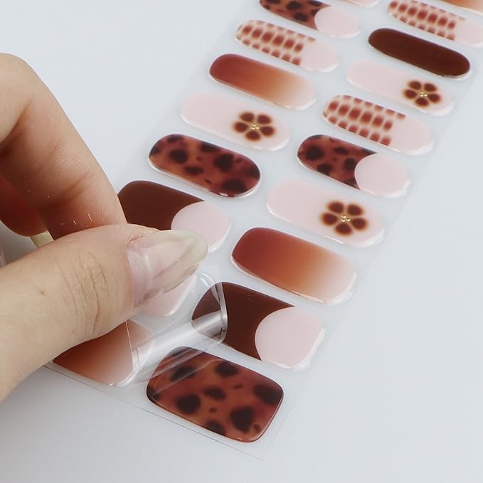 JMEOWIO Gel Nail Stickers Coffee Flower French Tip Semi Cured Gel Nail Strips Wraps UV/LED Nails Art Design Decoration Accessories