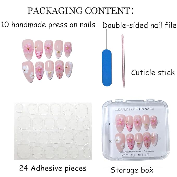10 Medium Handmade Press On Nails | Light Nude Pink Base with 3D Floral, French White Tip, Red Marble Veins, White Petal & Gold Dot Accents | Easy Apply & Remove, Reusable (251215, XS)