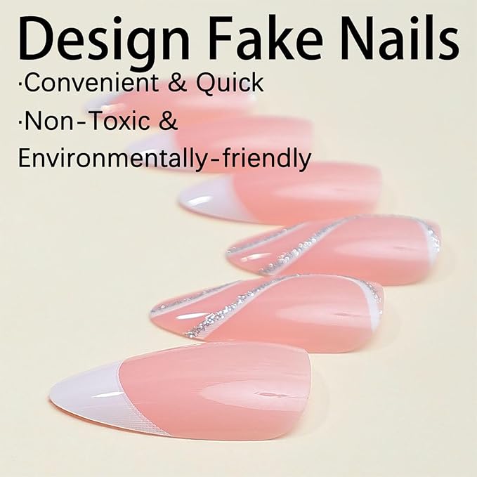 White French Tip Press on Nails Almond Medium Fake Nails Pink False Nails Glitter Swirl Glossy Full Cover Acrylic Glue on Nails Artificial Stick on Nail for Women Manicure 24Pcs