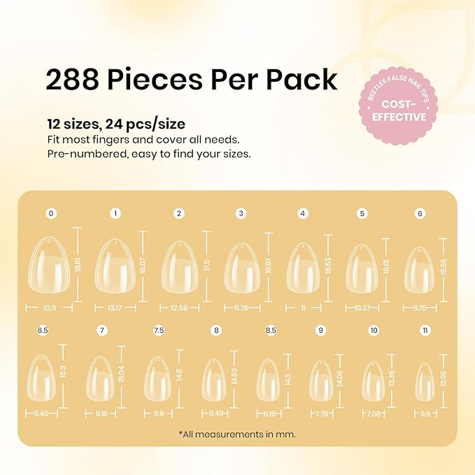 Beetles Gel Nail Tips Almond, Extra Short 288Pcs 12 Sizes Etch-X Full Cover Soft Acrylic False Nail Tips Almond Shape Easy DIY Nail Extension Art Salon Gift for Women
