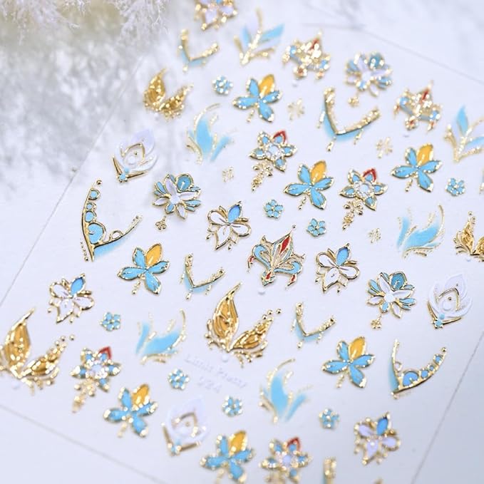 Flower Nail Stickers 5D Embossed Blue Gold Floral Nail Decals 3D Self-Adhesive Chinese Style Nail Supplies Aurora Lotus Flower Nails Designs for Women Girls DIY Manicure 1 Sheet