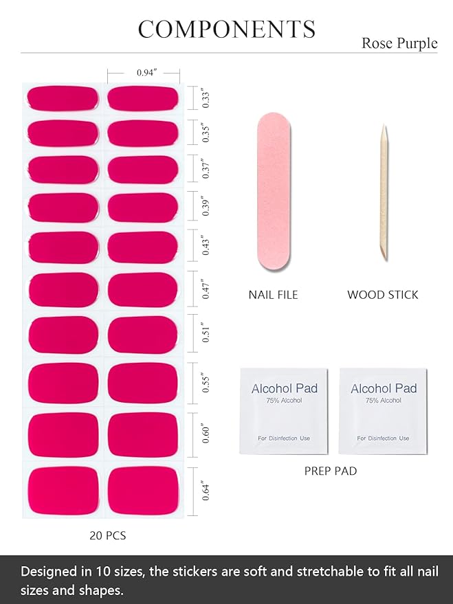 Semi Cured Gel Nail Strips (Rose Purple), 20 Pcs Gel Nail Wraps, Stickers, UV Light Required, Salon Quality, Long Lasting