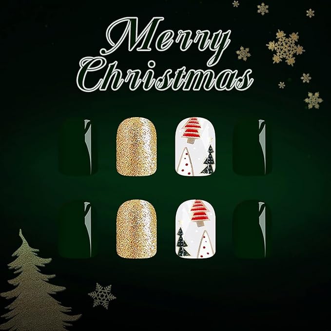 Christmas Press on Nails Short Square Fake Nail with Christmas Tree Designs Green Xmas False Nails Gold Glitter Full Cover Winter Stick on Nail for Women 24 Pcs
